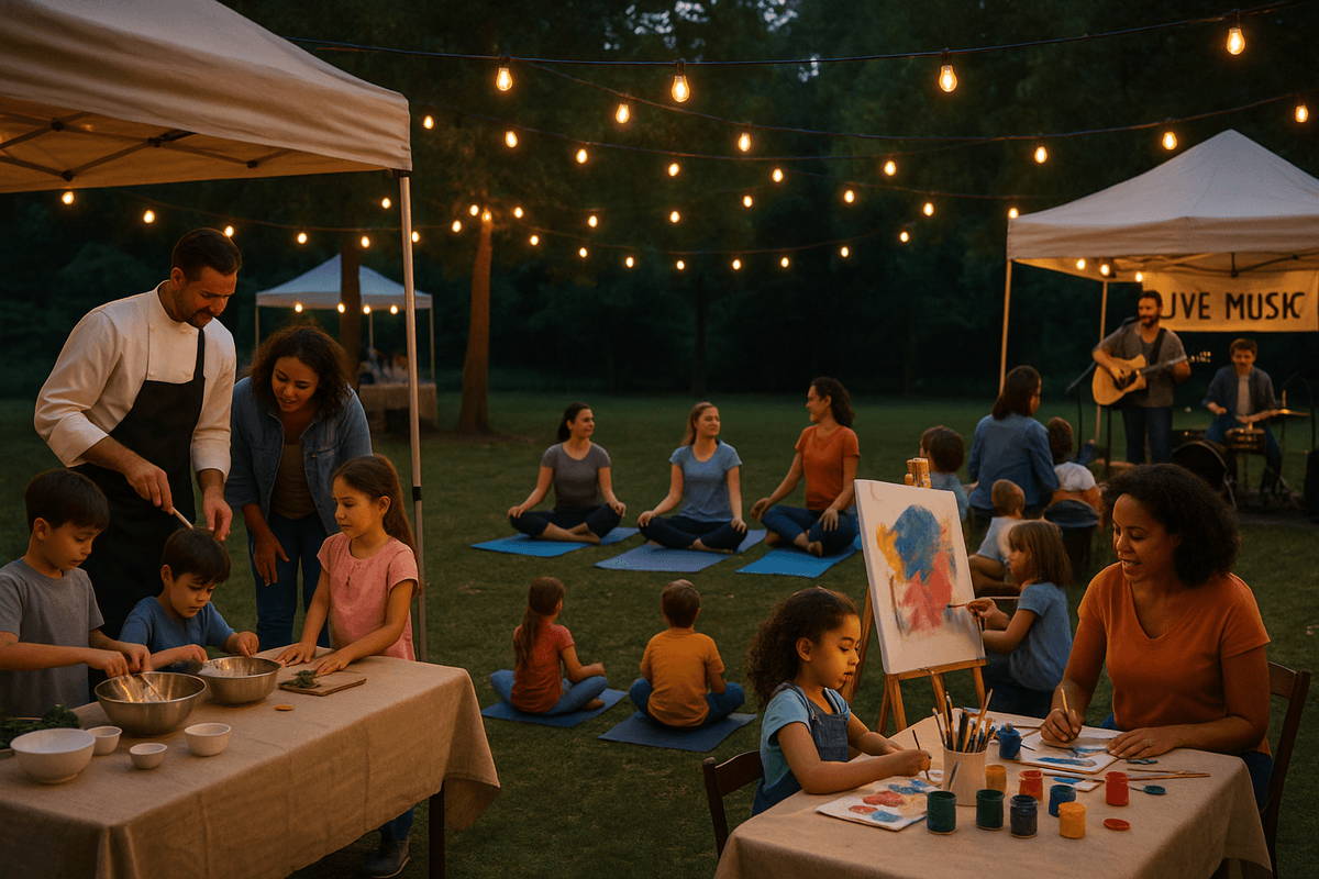 Outdoor evening community event with families painting at tables under string lights, showcasing local business activities