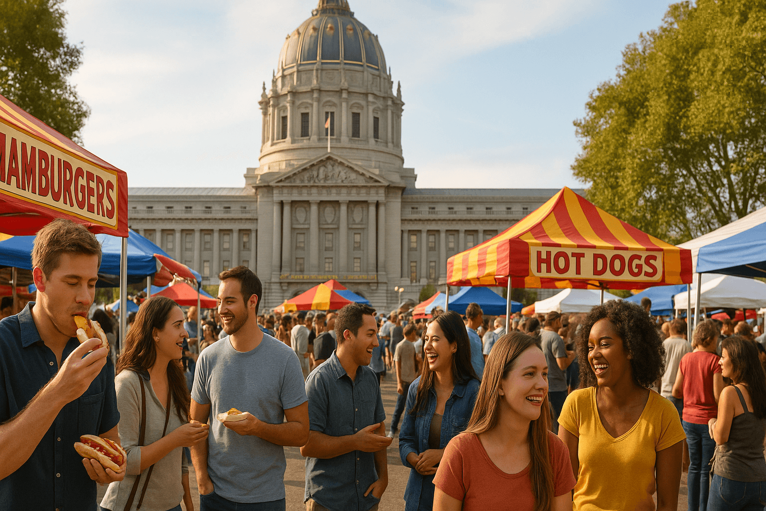 Diverse community members enjoying food trucks and outdoor festival activities in front of a grand government building with classical architecture