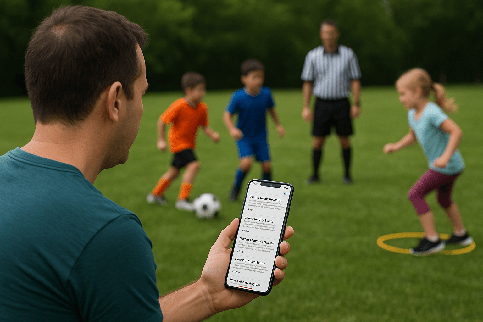 Parent viewing Local Recreation Go app on phone while children play soccer with coach in a park setting